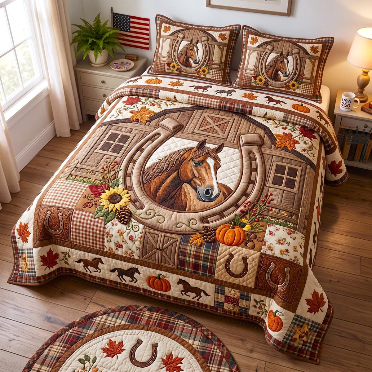 Western Soul Sunflower Cream quilted 3-piece bedding set on a made bed in a rustic timber bedroom