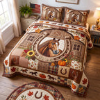Western Soul Sunflower Cream quilted 3-piece bedding set on a made bed in a rustic timber bedroom