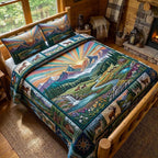 Western Soul Valley quilted 3-piece bedding set on a made bed in a rustic timber bedroom