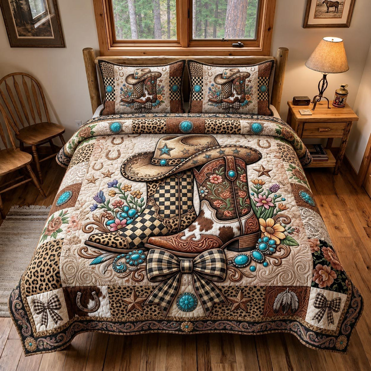 Western Spirit Hat quilted 3-piece bedding set on a made bed in a rustic timber bedroom