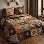 Western Star Squares quilted 3-piece bedding set on a made bed in a rustic timber bedroom
