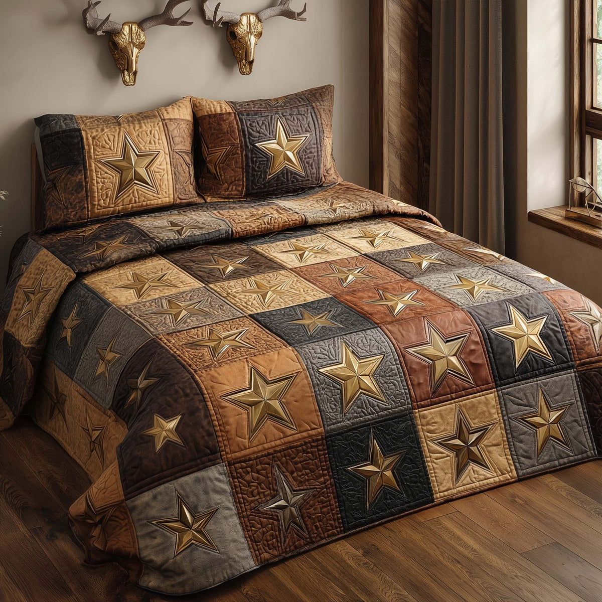 Western Star Squares quilted 3-piece bedding set on a made bed in a rustic timber bedroom