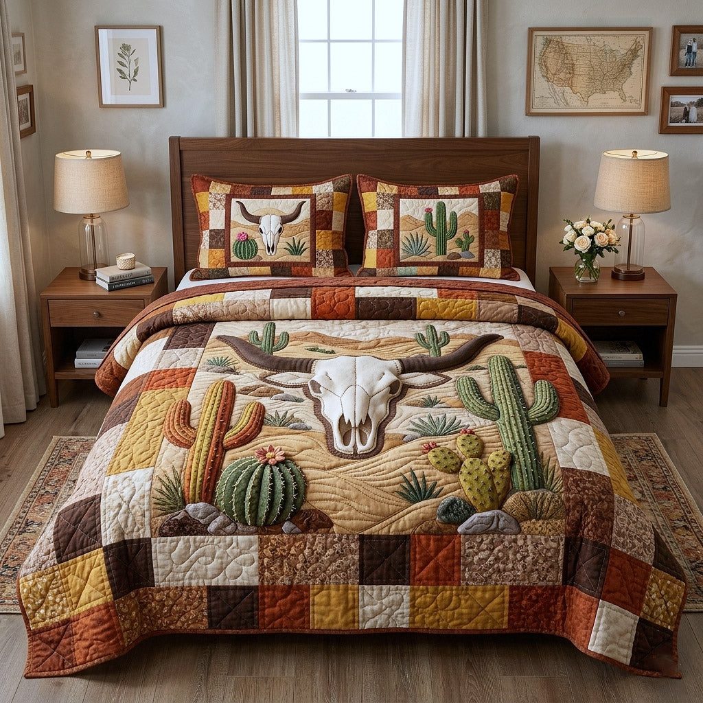 Western Trails Skull quilted 3-piece bedding set on a made bed against a dark styled interior