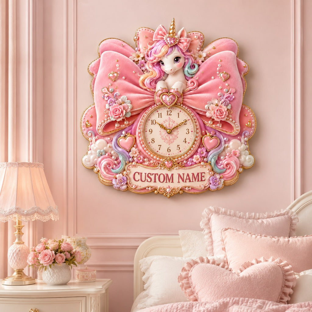 Personalized pink bow unicorn clock — personalized with a custom name