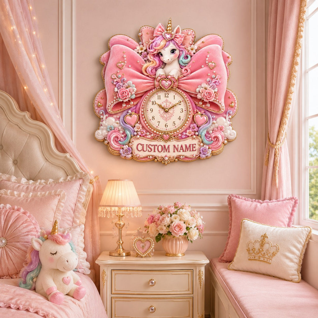 Personalized pink bow unicorn clock — personalized with a custom name