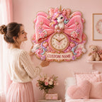Personalized pink bow unicorn clock — personalized with a custom name