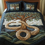 Wheel Of Eternity Cream quilted 3-piece bedding set on a made bed with two matching pillow shams