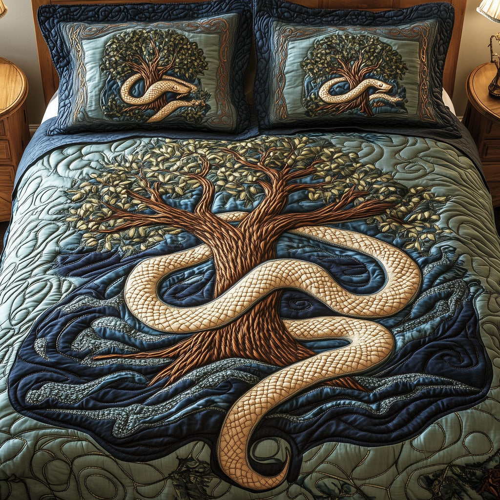 Wheel Of Eternity Dark quilted 3-piece bedding set on a made bed with two matching pillow shams