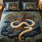 Wheel Of Eternity Dark quilted 3-piece bedding set on a made bed with two matching pillow shams
