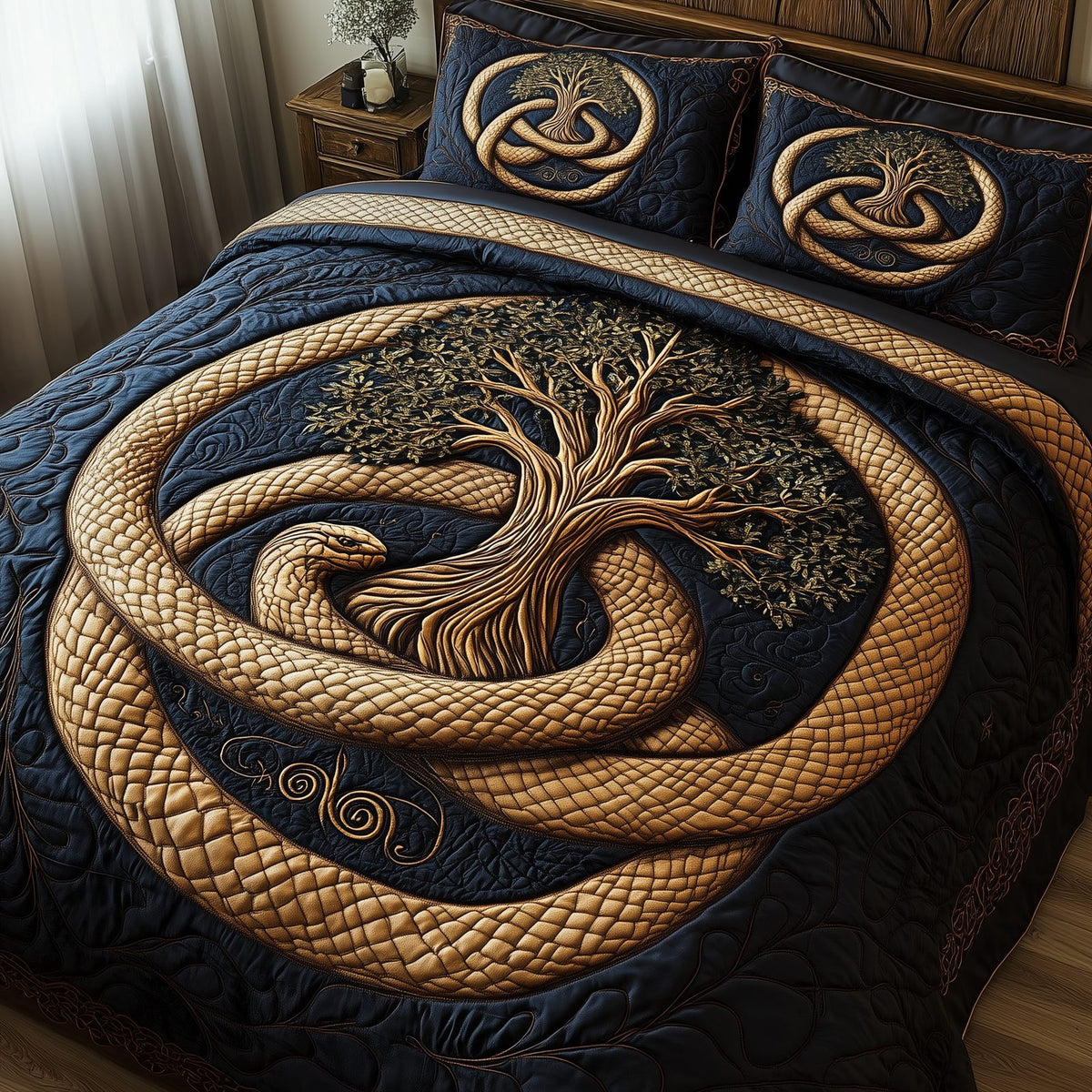 Wheel Of Eternity Knot quilted 3-piece bedding set on a made bed with two matching pillow shams