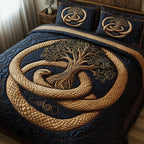 Wheel Of Eternity Knot quilted 3-piece bedding set on a made bed with two matching pillow shams