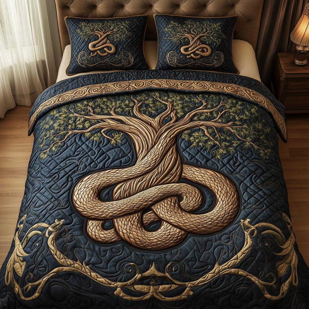 Wheel Of Eternity Roots quilted 3-piece bedding set on a made bed with two matching pillow shams
