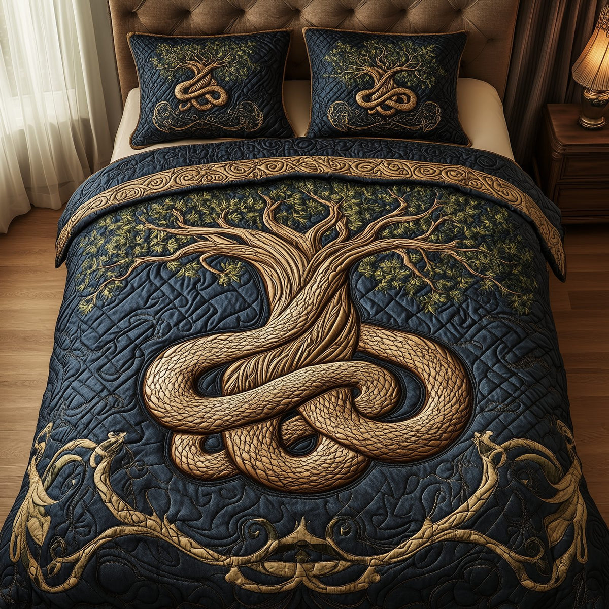 Wheel Of Eternity Roots quilted 3-piece bedding set on a made bed with two matching pillow shams