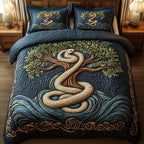 Wheel Of Eternity Serpent quilted 3-piece bedding set on a made bed with two matching pillow shams