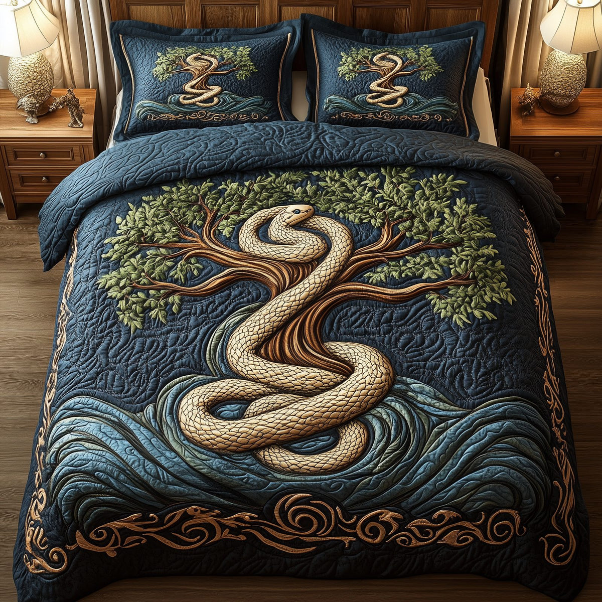 Wheel Of Eternity Serpent quilted 3-piece bedding set on a made bed with two matching pillow shams