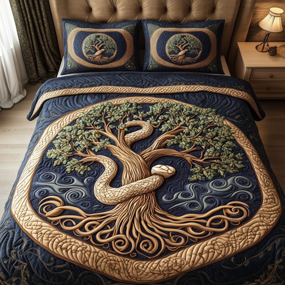 Wheel Of Eternity Wave quilted 3-piece bedding set on a made bed in a light coastal bedroom