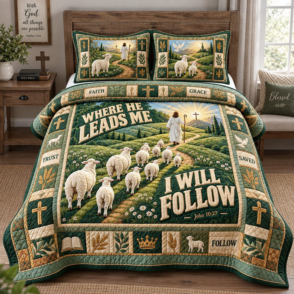 Where He Leads Me quilted 3-piece bedding set on a made bed with two matching pillow shams