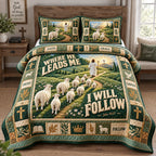 Where He Leads Me quilted 3-piece bedding set on a made bed with two matching pillow shams