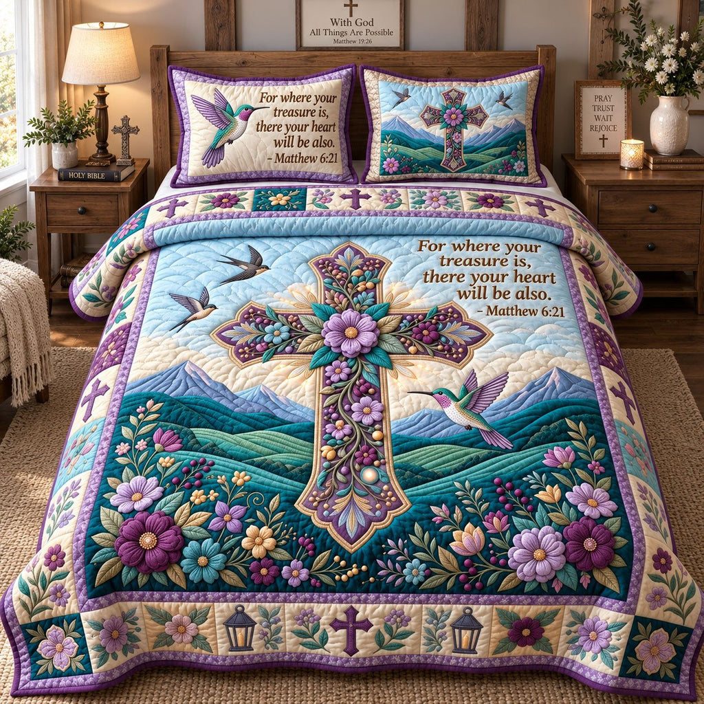 Where Your Treasure Is quilted 3-piece bedding set on a made bed with two matching pillow shams