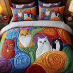 Whimsical Cat Bright quilted 3-piece bedding set on a made bed with two matching pillow shams