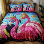 Whimsical Flamingo Bright quilted 3-piece bedding set on a made bed with two matching pillow shams