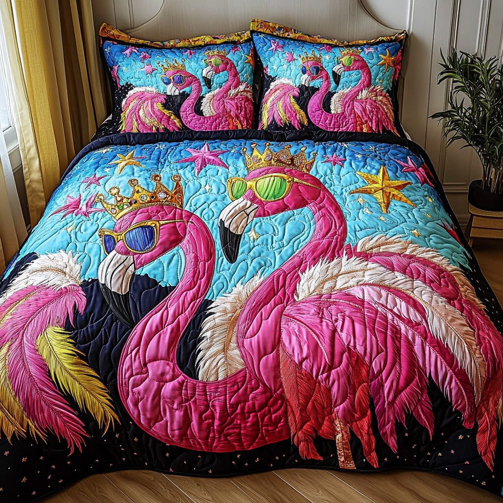 Whimsical Flamingo Bright quilted 3-piece bedding set on a made bed with two matching pillow shams
