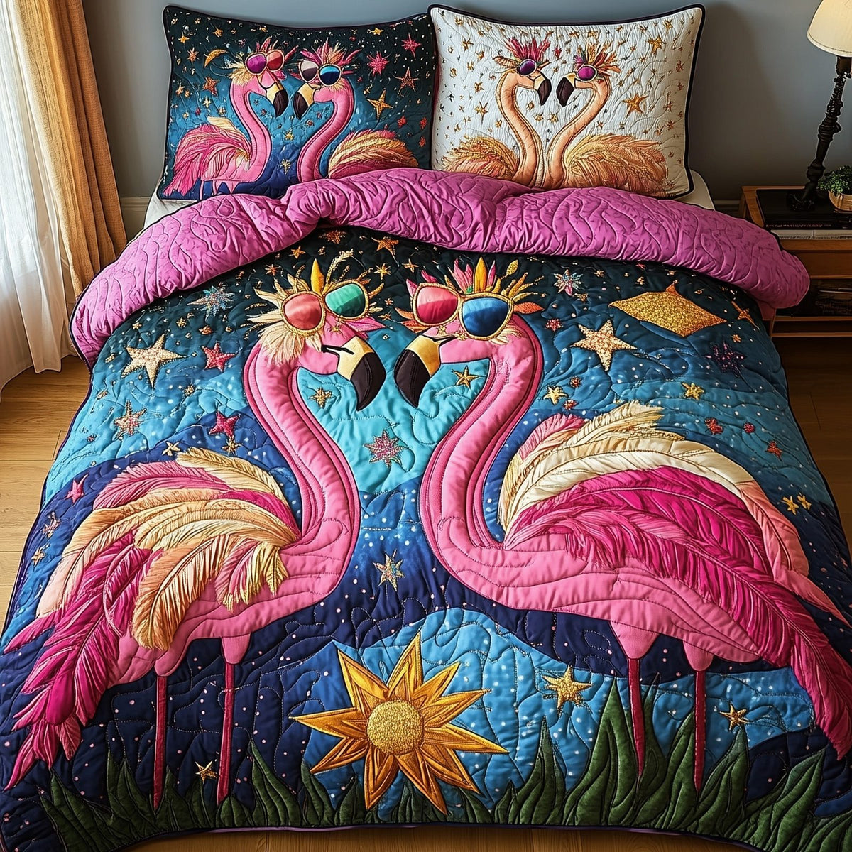 Whimsical Flamingo Pair quilted 3-piece bedding set on a made bed with two matching pillow shams
