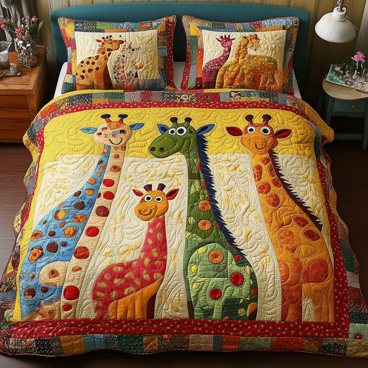 Whimsical Giraffes Squares quilted 3-piece bedding set on a made bed with two matching pillow shams