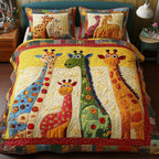 Whimsical Giraffes Squares quilted 3-piece bedding set on a made bed with two matching pillow shams