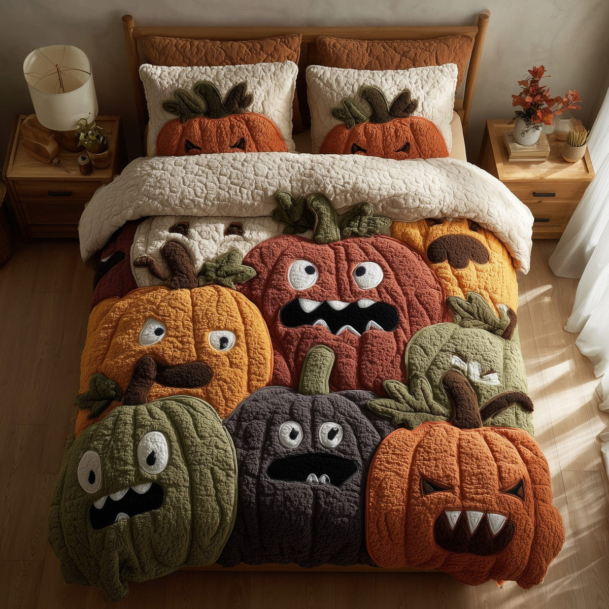 Whimsical Pumpkin Grin quilted 3-piece bedding set on a made bed against a dark styled interior