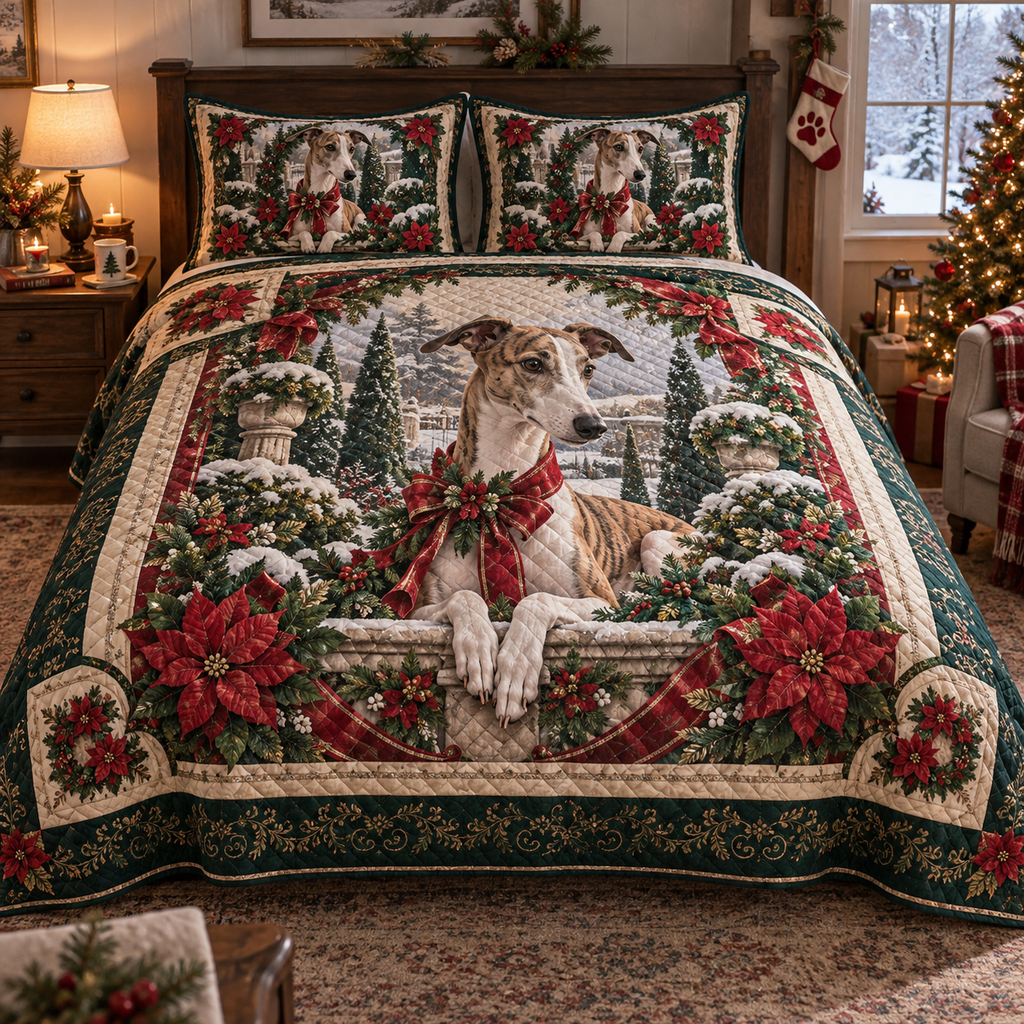 Whippet Christmas 3-Piece Quilted Bedding Set — digital product visualization