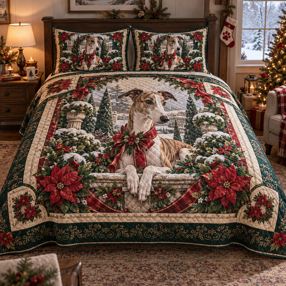 Whippet Christmas 3-Piece Quilted Bedding Set — digital product visualization
