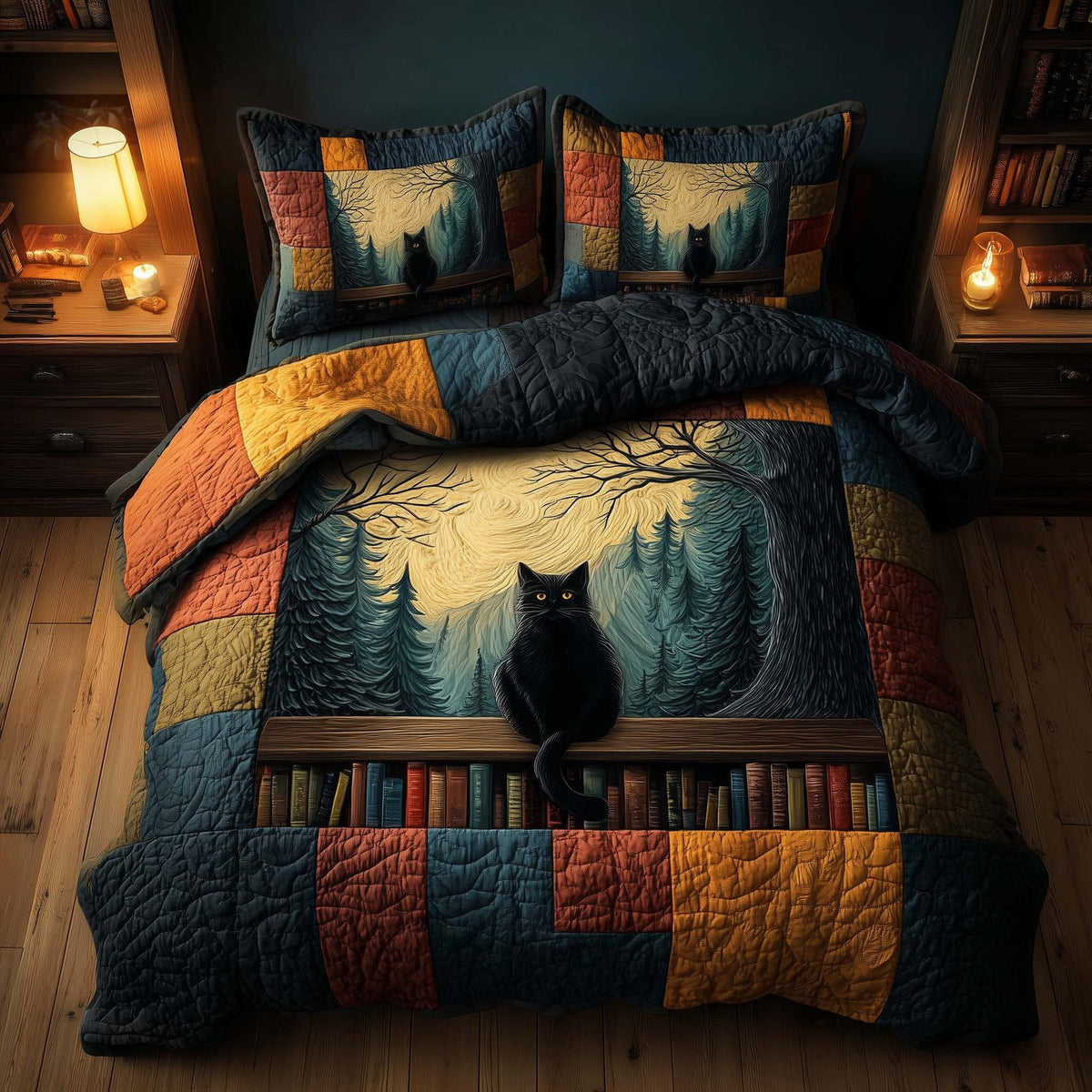 Whiskered Library Moon quilted 3-piece bedding set on a made bed with two matching pillow shams