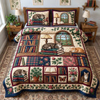 Whiskers And Books quilted 3-piece bedding set on a made bed with two matching pillow shams