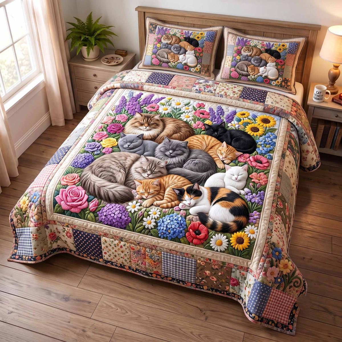 Whiskers Garden Purple quilted 3-piece bedding set on a made bed with two matching pillow shams
