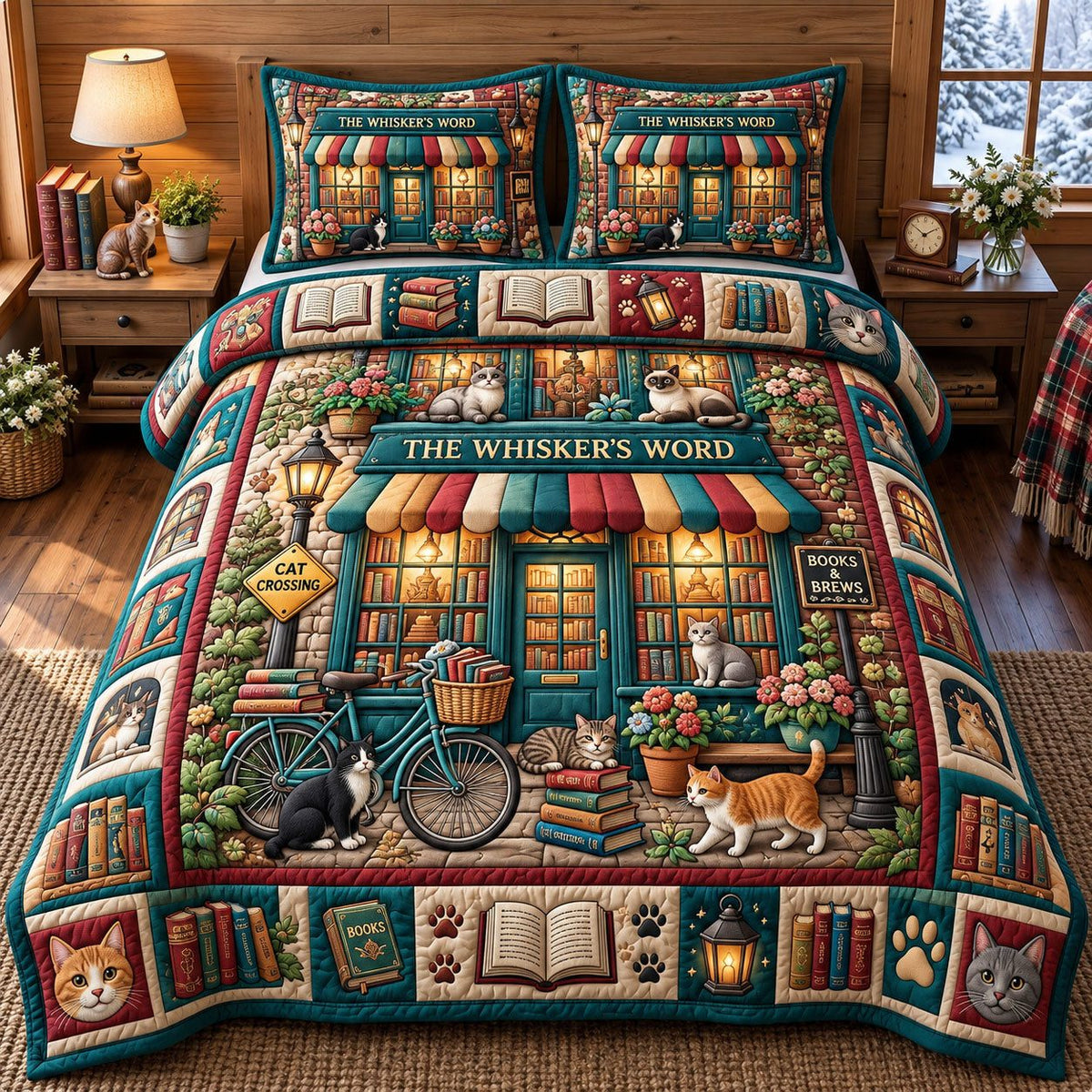 Whiskers Word Bookshop quilted 3-piece bedding set on a made bed with two matching pillow shams