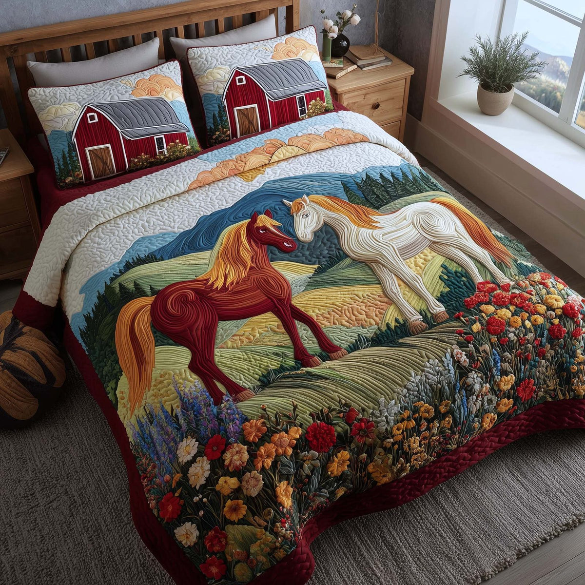 Whispering Hooves Barn quilted 3-piece bedding set on a made bed in a farmhouse bedroom