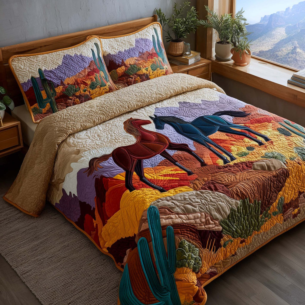 Whispering Hooves Desert quilted 3-piece bedding set on a made bed with two matching pillow shams