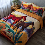 Whispering Hooves Field quilted 3-piece bedding set on a made bed with two matching pillow shams