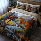 Whispering Hooves Herd quilted 3-piece bedding set on a made bed with two matching pillow shams