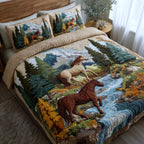 Whispering Hooves River quilted 3-piece bedding set on a made bed with two matching pillow shams