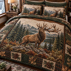 Whispering Pine Wilderness quilted 3-piece bedding set on a made bed with two matching pillow shams