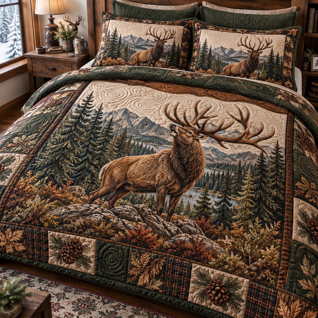Whispering Pine Wilderness quilted 3-piece bedding set on a made bed with two matching pillow shams