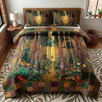Whispering Pines Forest quilted 3-piece bedding set on a made bed with two matching pillow shams