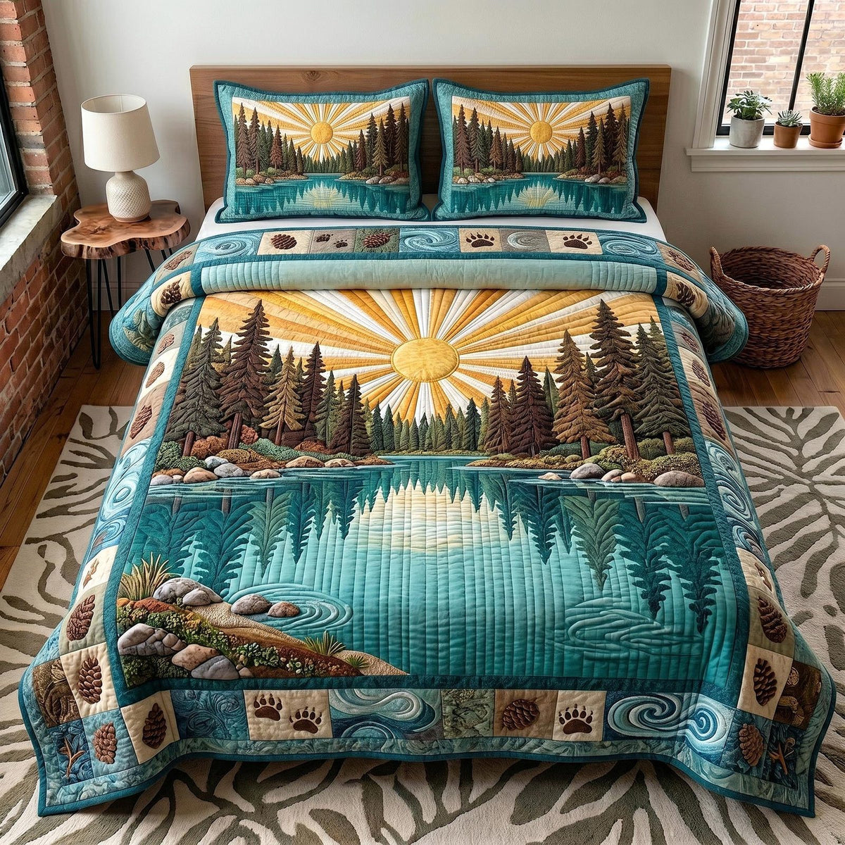 Whispering Pines Sunrise quilted 3-piece bedding set on a made bed with two matching pillow shams