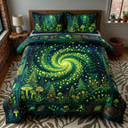 Whispering Pines Swirl quilted 3-piece bedding set on a made bed with two matching pillow shams