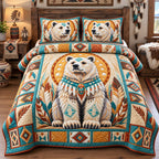 White Bear Spirit quilted 3-piece bedding set on a made bed with two matching pillow shams