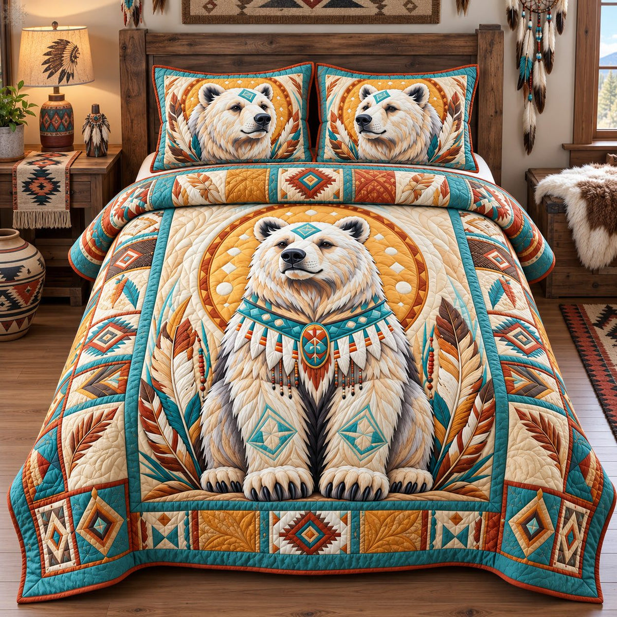White Bear Spirit quilted 3-piece bedding set on a made bed with two matching pillow shams