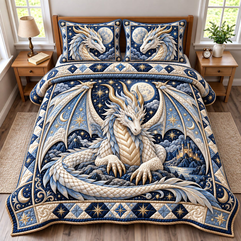 White Dragon quilted 3-piece bedding set on a made bed with two matching pillow shams