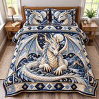 White Dragon quilted 3-piece bedding set on a made bed with two matching pillow shams